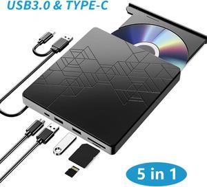 [5 in 1] External DVD Drive, External DVD CD Drive USB 3.0 Type-C DVD/CD+/-RW Burner Drive with USB Port & SD TF Slot, External Optical DVD Drive for Windows XP/2003/Vista/7/8.1/10,Linux,Mac OS System