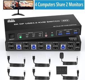 USB 3.0 Displayport 4x2 KVM Switch for 2 Monitors 4 Computers 8K@60Hz 4K@144Hz, DP1.4 Dual Monitor Displayport KVM Switch 4 Port with Audio Microphone Output and 3 USB 3.0, DP Monitor Switch for 4 PCs