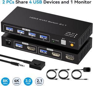 2 Port HDM KVM Switch 2 PC 1 Monitor Support 8K@60Hz 4K@120Hz, USB 3.0 HDMI KVM Switch Shares 1 Monitor and 4 USB Devices, Such as Mouse, Keyboard, Includes 2 USB 3.0 Cables and a Wired Controller