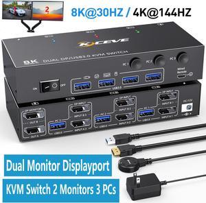 2 Port Dual Monitor Displayport KVM Switch, 8K@30Hz 4K@144Hz USB 3.0 Displayport KVM Switch 3 in 2 Out, KVM Switch 3 Computers Share 2 Monitors and 4 USB 3.0 Devices, Wired Remote and Cables Included