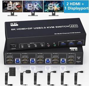 KVM Switch 3 Monitors 4 Computers 8K@60Hz 4K@144Hz, 2 HDMI +1 DisplayPort Triple Monitor KVM Switch for 4 Computer with Audio and 3 USB 3.0 Ports, KVM Triple Monitor Keyboard Mouse Switcher