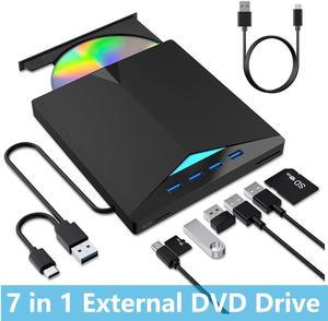 [7 in 1] External CD/DVD Drive for Laptop, USB 3.0 USB C External DVD Drive, Portable CD Player DVD Drive with SD TF Slot and 4 USB Ports, Portable DVD/CD Burner for PC Windows 7/8/10/11/Linux/MacOS