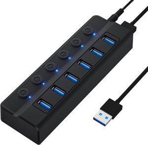 USB 3.0 Hub 6 Port, 6-Ports USB Hub Splitter for Laptop with Individual On/Off Switches and Light, 3ft/1M Long Cord, USB Port Hub Extension for PC and Computer