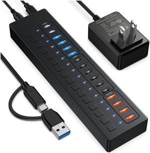 Powered USB Hub, 16-Port 60W USB 3.0 Splitter (10 USB 3.0 Ports+4 2.4A Charging Ports+2 USB-C 3.0 Ports), Wall Mounting Design, Individual On/Off Switches, 20V/3A Power Adapter for Laptop, PC