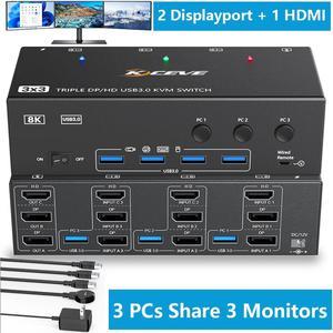 2 Displayport + 1 HDMI USB 3.0 KVM Switch 3 Monitors 3 Computers, 8K@60Hz,4K@144Hz Triple Monitor KVM with 4 USB 3.0 Ports, KVM Triple Monitor Keyboard Mouse Switcher,Included Wired Remote&USB Cables