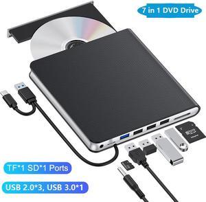 External CD DVD Drive [7-in-1], USB 3.0 & Type-C DVD/CD +/-RW ROM Drive Reader, CD DVD Burner Rewriter with SD/TF & 4 USB Ports, Slim Optical Disc Drive DVD Player for Laptop PC/Winodws/Linux/MacOS