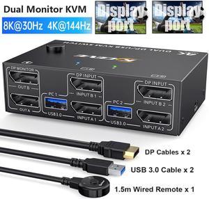 8K@30Hz USB 3.0 Displayport KVM Switch 2 Monitors 2 Computers, DP 1.4 Dual Monitor KVM Switch 2 in 2 Out with 4* USB 3.0 Port for 2 Computers, with 2 DP Cables & USB Cables and Wired Controller