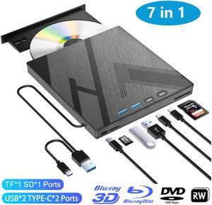 External Blu-ray Drive,[7 in 1] USB 3.0 Type-C Optical External Bluray/DVD Drive Burner with SD/TF 2 USB A &USB C Ports, Support 100G Bluray Disc R/W for PC Compatible with Windows XP/7/8/10/11, MacOS