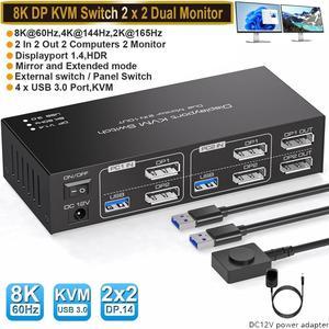 8K Displayport Dual Monitor KVM Switch for 2 Monitors 2 Computers 4K@120Hz USB 3.0 KVM Switcher 2 PC or Laptops Share 1 Set of Keyboard Mouse Printer and Scanner Support Extended & Duplicate Mode