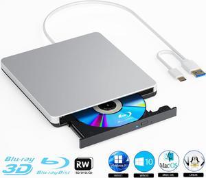 External Blu-ray Drive, BD Player with Read/Write Capability Portable Blu-ray CD/DVD Drive Burner with USB 3.0 and Type-C DVD Burner 3D Blu-ray Drives Compatible with Windows and Mac OS PC Laptops