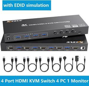 HDMI KVM Switch 4 Computers 4K@60Hz 2K@120Hz, Simulation EDID, 4 Port HDMI USB 3.0 KVM Switches for 4 PC Share 1 Monitor and Keyboard Mouse Printer,with Wired Remote,12V Power Adapter and 5 Cables