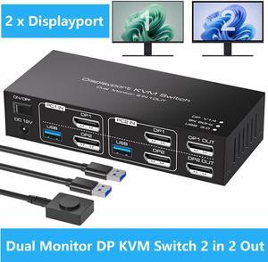 IHDAPP USB 3.0 Displayport KVM Switch 2 Monitors 2 Computers 8K@60Hz 4K@144Hz, Dual Monitor Displayport 1.4 KVM Switches with 4 USB 3.0 Ports, 2 in 2 Out DP USB 3.0 KVM Switch for 2 PCs 2 Monitors