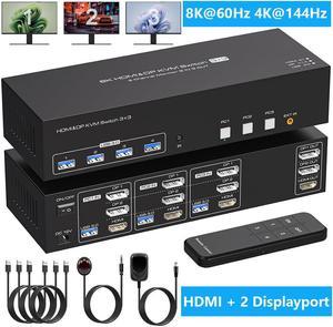 IHDAPP 8K@60Hz 1 HDMI + 2 Displayport KVM Switch 3 PC 3 Monitors, 4K@144Hz Triple Monitor KVM Switcher for 3 Computers Share 3 Monitors and 4 USB 3.0 Devices with 3 USB Cable and DC12V Adapter