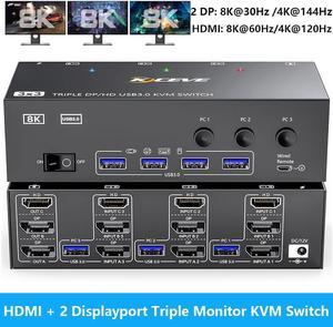 IHDAPP KVM Switch 3 Monitors 3 Computers 8K@60Hz, HDMI + 2* Displayport Triple Monitor KVM Switch with 4 USB 3.0 Ports for Keyboard Mouse Printer, Wired Remote, USB Cable and Power Adapter Included