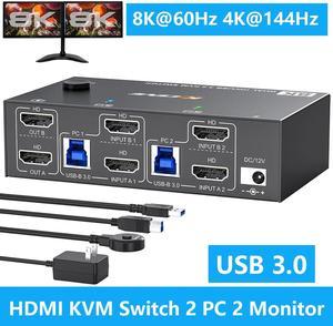 IHDAPP Dual Monitor HDMI KVM Switch 2 PC 2 Monitors 8K@60Hz 4K@144Hz, USB 3.0 HDMI KVM Switch with 4 USB 3.0 Ports for Keyboard Mouse Printer, with Desktop Controller, 12V Power Adapter and USB Cables