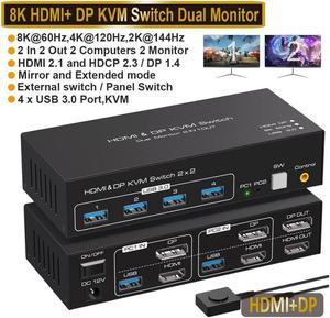 IHDAPP Dual Monitor HDMI + Displayport KVM Switch 2 Monitors 2 Computers USB 3.0 Switcher PC Extended Support 4K@120hz 8K@60hz for 2 PC Share 4 USB Ports with External Wired Controller and 2 USB Cable