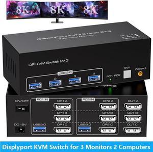 IHDAPP 8K Displayport KVM Switch 3 Monitors 2 Computers, 4K@120Hz DP KVM Switches Triple Monitor for 2 PC Share 4 USB 3.0 Ports, Support Extended & Copy Display Mode, Wired Controller & 12V Adapter