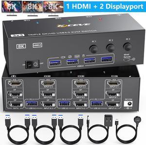 IHDAPP 4K@144Hz HDMI + 2 DP KVM Switch 3 Monitors 3 Computers, Displayport USB 3.0 KVM Swtiches 8K@30Hz, HDMI + 2 Displayport Triple Monitor KVM Switch with 4 USB 3.0 Hub Keyboard Mouse Printer