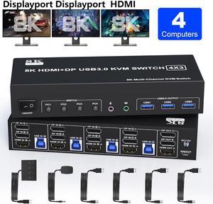 IHDAPP KVM Switch 3 Monitors 4 Computers 8K@60Hz 4K@144Hz, 2 DisplayPort +1 HDMI KVM Switch Triple Monitor for 4 Computers with Audio and 3 USB 3.0 Ports, KVM Triple Monitor Keyboard Mouse Switcher