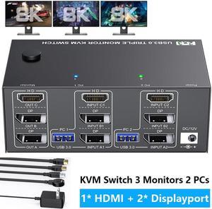 IHDAPP KVM Switch 3 Monitors 2 Computers 8K@60Hz 4K@144Hz, HDMI+2 Displayport Triple Monitor KVM Switch for 2 PC Share 3 Monitor and 4 USB 3.0 Port Keyboard Mouse, with Wired Remote and Power Adapter