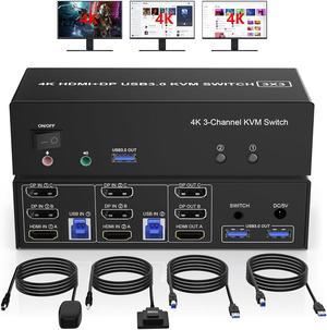 IHDAPP 1 HDMI + 2 Displayport 3 Monitor KVM Switch USB 3.0 for 2 Computers, 4K@60Hz Triple Monitor KVM Switch with Audio and 3 USB 3.0 Ports, 2 Computers Share 3 Monitors Keyboard Mouse Switcher