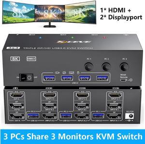 IHDAPP KVM Switch 3 Monitors 3 Computers 8K@60Hz 4K@144Hz, 1 HDMI + 2 Displayport KVM Switch Triple Monitor for 3 Computer Share 3 Monitor and 4 USB 3.0 Devices,Wired Remote and Power Adapter Included