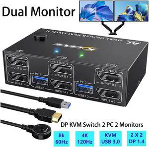 IHDAPP Displayport KVM Switch 2 Monitors 2 Computers 8K@30Hz 4K@144Hz, Dual Monitor DP KVM Switch 2 in 2 Out for 2 Computers Share 2 Monitors and 4 USB 3.0 Device,Wired Remote and 4 Cables Included