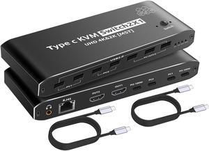 IHDAPP HDMI KVM Switch, 2x1 Type C KVM Switch with 7 USB-A Ports RJ45 Port PD 100W Ports, Extended Display KVM Switch Supports 4K@60Hz for 1 Monitors 2 Computers, with 2 Thunderbolt USB-C 40Gbps Cable