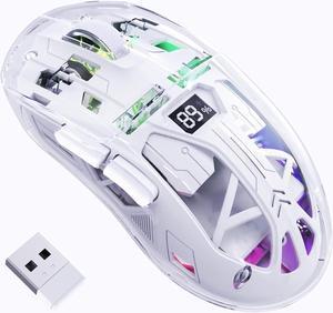 IHDAPP Transparent Wireless Gaming Mouse, Dual Mode BT 5.0/2.4G PC Gaming Mice, PixArt 3212 5 Adjustable DPI, Rechargeable Silent Mouse with Digital Screen, RGB Backlight Mouse for Win/Mac (White)