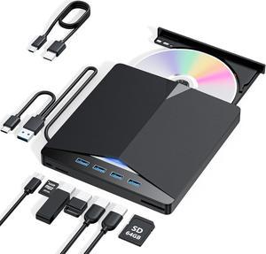 IHDAPP External CD/DVD Drive for Laptop, 7-in-1 USB 3.0 & Type C Portable External CD DVD Burner Optical DVD Drive with SD/TF Card Reader & 4-Port USB Hub, Compatible with Windows, Mac OS, Linux