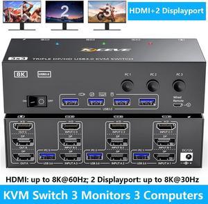 IHDAPP KVM Switch 3 Monitors 3 Computers, Dual/Triple Monitor HDMI + 2 Displayport KVM Switches Support 8K@60Hz/30Hz,2K@144Hz, USB 3.0 Computer Switch for 3 PCs Share 3 Monitors, Support Extended Mode