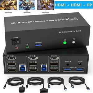 IHDAPP 2 HDMI + 1 Displayport KVM Switch 3 Monitor 2 Computers, 4K@60Hz Triple Monitor USB 3.0 KVM Switch with Audio and 3 USB 3.0 Ports, 2 Computers Share 3 Monitors Keyboard Mouse Switcher