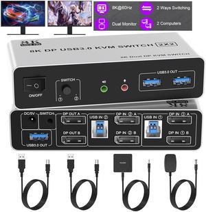 IHDAPP KVM Switch 2 Monitors 2 Computers, 8K@60Hz DP 1.4 Dual Monitor Displayport USB 3.0 KVM Switch for 2 Computer Share 2 Monitors, Audio Mic Port and 3 USB3.0 Devices Support Extended and Copy Mode