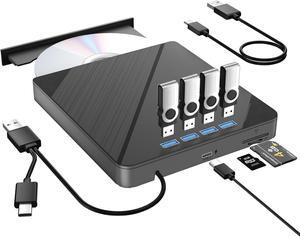 IHDAPP [7 in 1] External CD DVD Drive for Laptop with 4 USB Ports and TF/SD Card Slots USB 3.0 Portable CD/DVD Disk Drive Player Burner Reader Writer for Laptop PC Windows 11/10/8/7 Linux, Mac OS