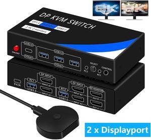 IHDAPP 2 Port Displayport Dual Monitors KVM Switch 2 Monitors 2 Computers, 8K@60Hz USB 3.0 DP KVM Switch, DP Switch for 2 PCs Share 2 Monitors with USB C & 3 USB 3.0 Ports, Wired Remote Included