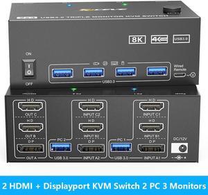 IHDAPP 2 HDMI + Displayport KVM Switch 3 Monitors 2 Computers, 8K@60Hz 4K@144Hz Triple Monitors KVM Switch for 2 PC Sharing 3 Monitors with 4 USB 3.0 Port for Keyboard Mouse Printer, with Wired Remote