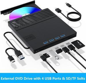 IHDAPP External CD/DVD Drive for Laptop, [7-in-1] USB 3.0 Portable CD/DVD Player Burner, High-Speed External Disk Drive with SD/TF Card Reader, 4 USB Ports, Compatible with Windows 11/10, Linux, MacOS