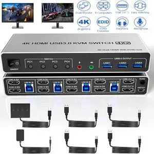 IHDAPP USB 3.0 HDMI KVM Switch 2 Monitors 4 Computers, Supports EDID, 4K@60Hz Dual Monitor HDMI KVM Switch 4 in 2 Out with Audio Microphone and 3 USB 3.0 Ports, 4 Port Dual HDMI Monitor Switch for 4PC