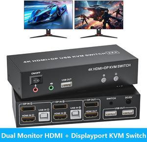 IHDAPP HDMI Displayport KVM Switch 2 Monitors 2 Computers, 4K@60Hz KVM Switch w/Audio Microphone, Supports Extended/Mirror Mode, Dual Monitor KVM Switch for 2 PC Share 1 Set of Keyboard Mouse Printer