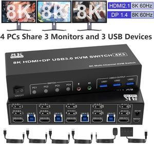 IHDAPP 8K@60Hz KVM Switch 3 Monitors 4 Computers 4K@144Hz, 2 DisplayPort +1 HDMI KVM Switch Triple Monitor for 4 Computer with Audio and 3 USB 3.0 Ports, 3 Monitor KVM Switches Keyboard Mouse Switcher