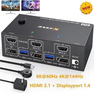 IHDAPP HDMI + Displayport KVM Switch 2 Monitors 2 Computers, Dual Monitor USB 3.0 DP HDMI KVM Switcher Supports 8K@60Hz for 2 Computers Share Keyboard, Mouse and 2 Monitors, Wired Remote included