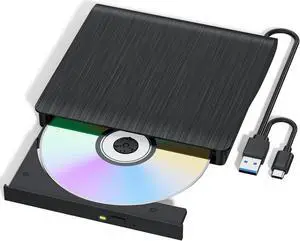 IHDAPP External CD/DVD Drive for Laptop, USB 3.0 & Type-C External CD DVD Burner, Portable DVD Player for Laptop, Slim External Optical Drive Compatible with Windows 11/10/8/7/XP, Mac, Linux OS