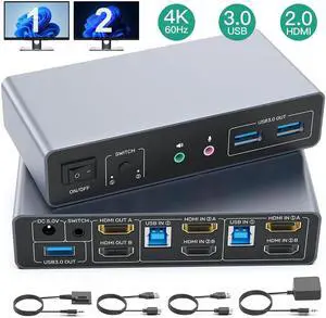 IHDAPP HDMI KVM Switch 2 Monitors 2 Computers, Dual Monitor KVM USB Switcher 4K@60Hz, HDMI Extended/Mirror Display for 2 PC Share 2 Monitors, with 3 USB 3.0 Port, Desktop Controller and 2 USB Cables