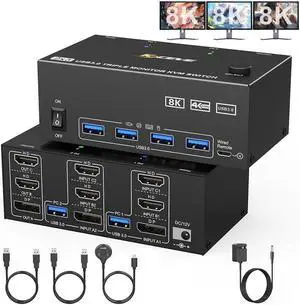 IHDAPP Triple Monitor KVM Switch 2 PC 3 Monitors, 2 HDMI + 1 DisplayPort USB 3.0 KVM Switch, 8K@30Hz/4K@144Hz KVM Switches for 2 PCs Share 3 Displays and 4 USB 3.0 Devices, Wired Remote 
 included