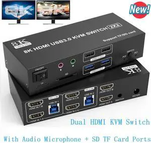 IHDAPP Dual Monitor HDMI KVM Switch 2 Monitors 2 Computers, 8K@60Hz 4K@120Hz HDMI KVM Switcher 2 in 2 Out for 2 Computers Share 2 Monitors & 4 USB Devices, with Audio Microphone Output and SD TF Slots