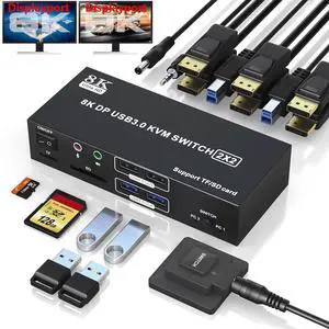 IHDAPP 8K@60Hz Dual Monitor Displayport KVM Switch 2 Monitors 2 Computers,4K@120Hz USB3.0 KVM Switch Displayport with Audio Microphone Output and 4 USB Ports, SD/TF Slots, Support Extended & Copy Mode