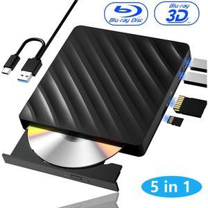 IHDAPP 5 in 1 External Blu Ray Drive, Portable Blu Ray Player with USB 3.0 Type-C, CD DVD Burner 3D Blu-Ray with SD/TF Ports, Blu Ray Drive Compatible with Windows Laptop Desktop, Bluray Player for PC