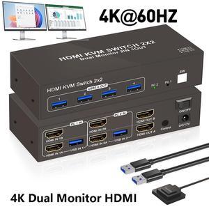 IHDAPP 2 Ports HDMI KVM Switch 2 Computers 2 Monitors, 4K@60Hz HDMI USB 3.0 KVM Switcher Dual Monitor HDMI 2 in 2 Out with 4 USB Ports to Share Mouse Keyboard Printer etc.  Supports Extended/Copy Mode