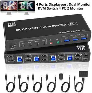 IHDAPP 8K@60Hz Displayport USB 3.0 KVM Switch for 2 Monitors 4 Computer, 4 Port DP1.4 Dual Monitor KVM Switch with Audio Microphone Output and 3 USB 3.0 Ports, 8K DP Monitor Switch for 4 PCs 2 Monitor