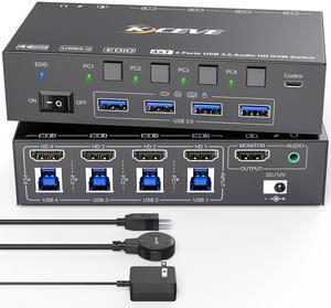 IHDAPP HDMI KVM Switch 4 Computers 8K@60Hz 4K@144Hz, Simulation EDID, 4 Port HDMI USB 3.0 KVM Switch with Audio for 4 Computer Share 1 Monitor and Keyboard Mouse, Wired Remote, Power Adapter included